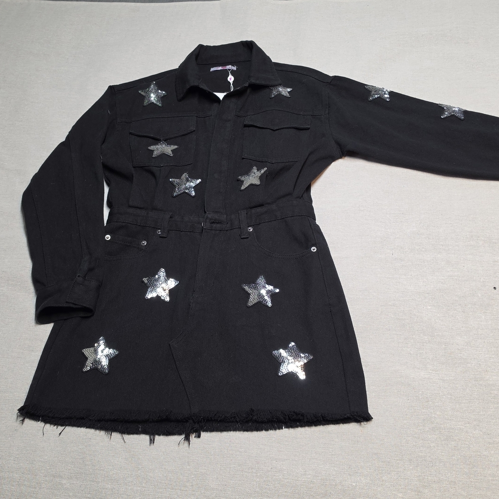 Buddy Love Black Denim Mini Dress with  Silver Star Patches 100% Cotton. Sz Smal